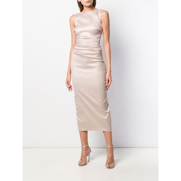 🆕TALBOT RUNHOF Sonet Midi Dress Metallic Cream 2 - Picture 3 of 12